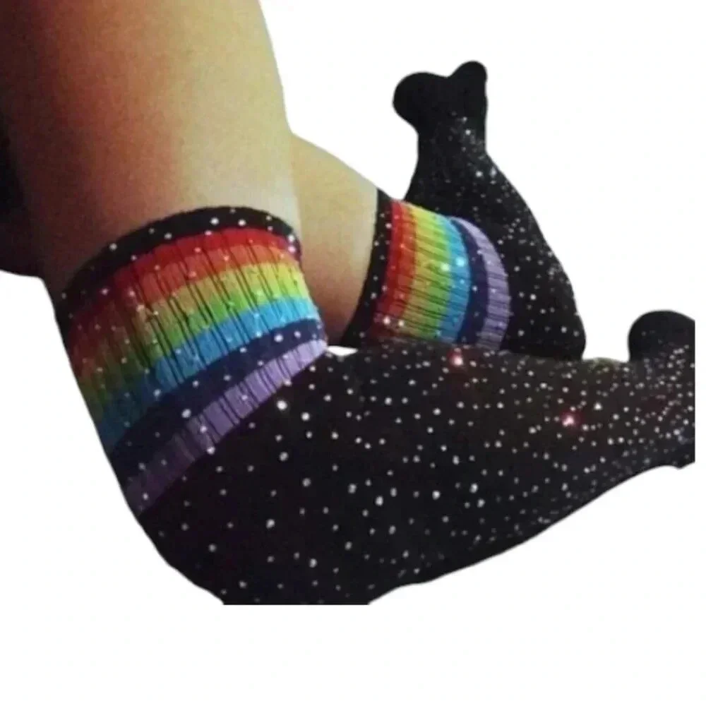 Black Knee High Rainbow Rhinestone Stocking